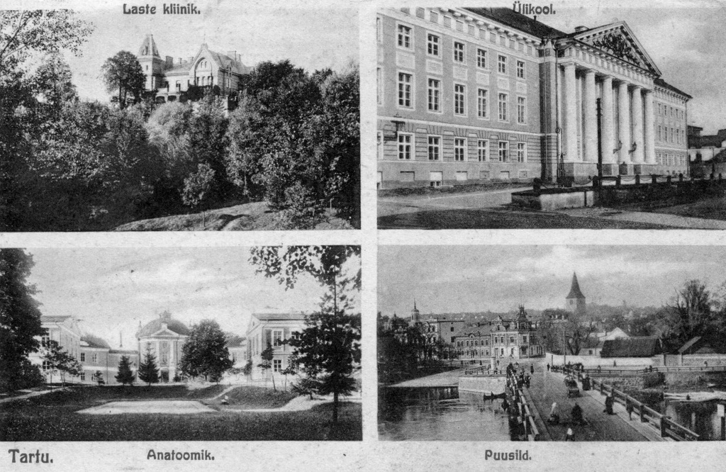 Tartu vaated: lastekliinik (Kassitoome nõlval); ülikooli peahoone; Vana-Anatoomikum; puusild (Laia t. otsa juures). 1890-1914