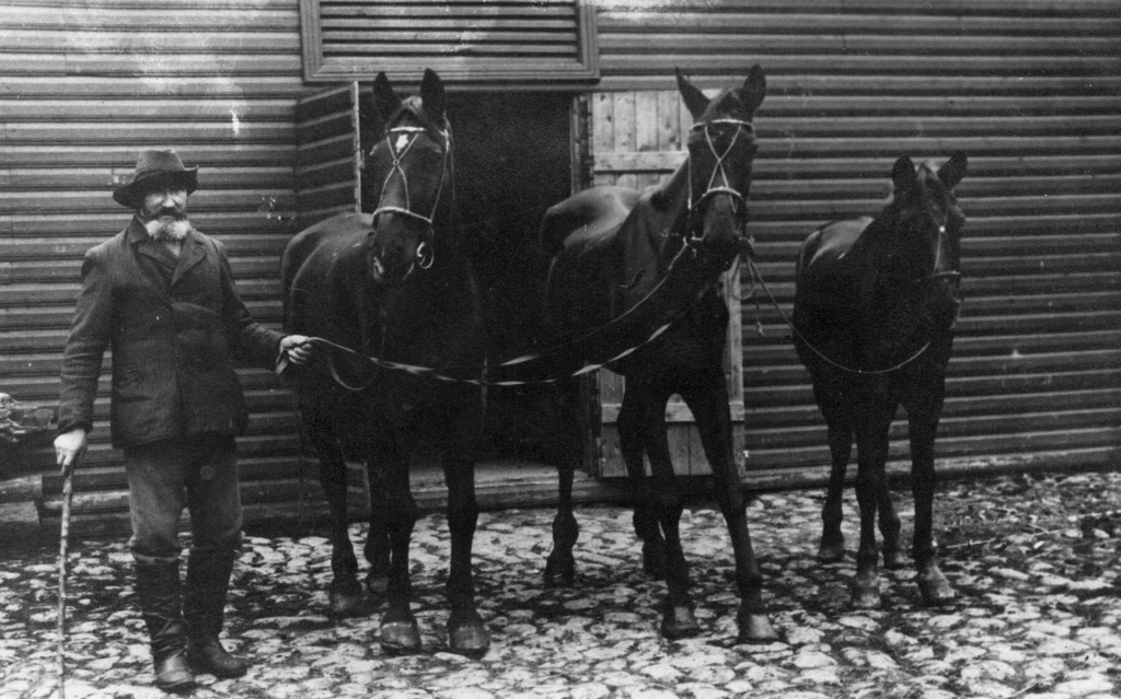 Voorimees Paulus Silm oma hobustega talli ees. Tartu, 1920-1930.