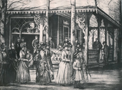 Fotokoopia joonistusest. Elu-olu Tartus 19. sajandil. Paviljon Toomemäel.  duplicate photo