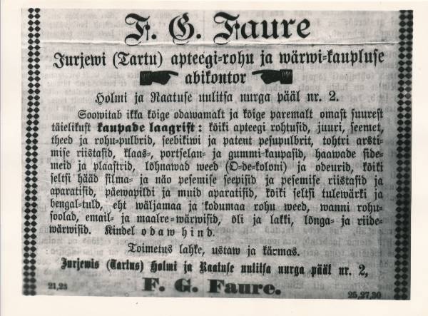 Fotokoopia F.G. Faure apteegi-rohu ja värvikaupluse reklaamkuulutusest.