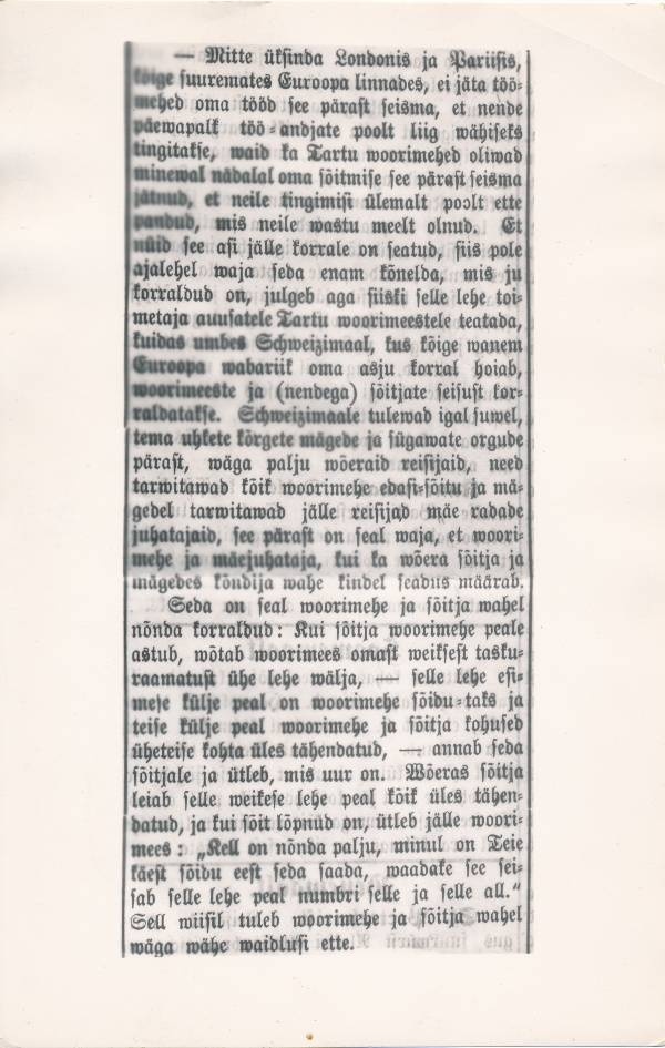 Fotokoopia ajalehe artiklist voorimeeste streigi kohta Tartus.