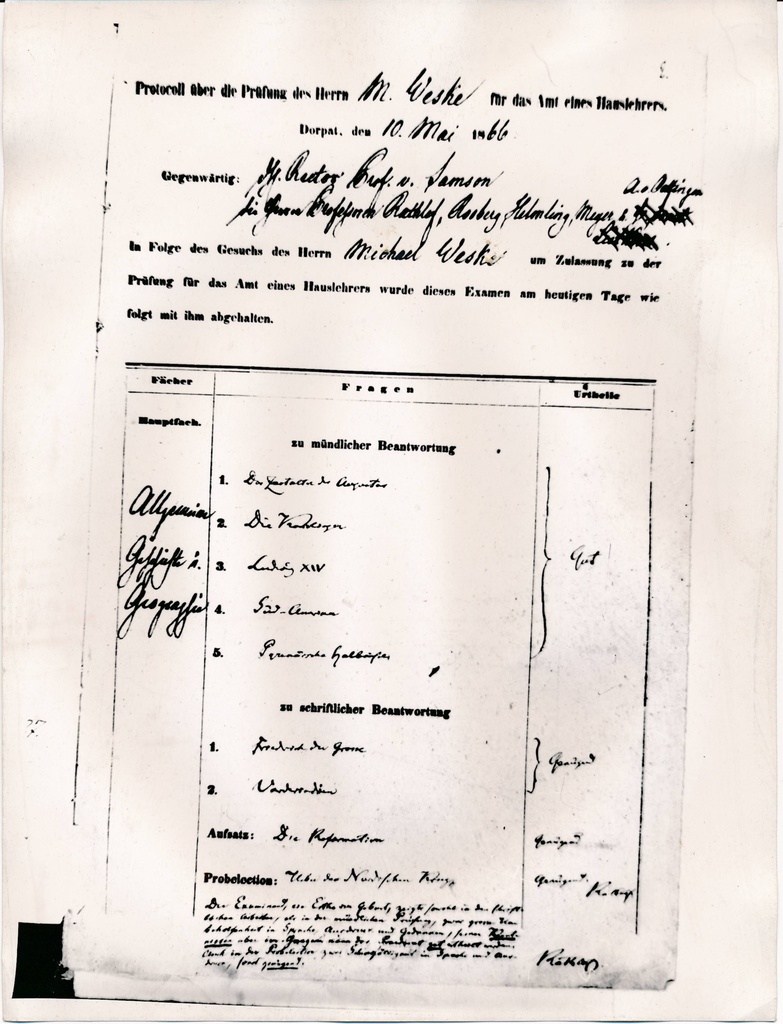 Fotokoopia. Mihkel Veske ametivanne, kodukooliõpetaja eksami protokoll, lk 1. Tartu, 18.09.1874.a.