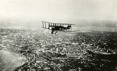 Air view to Tallinn city centre, airplane in the middle plan  duplicate photo