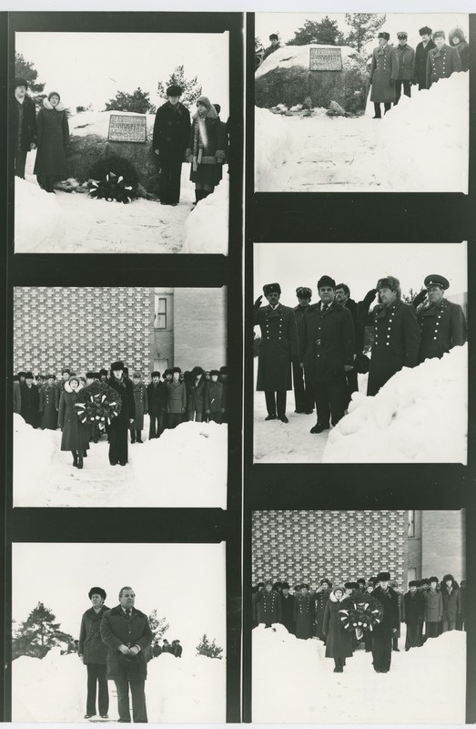 Pärja asetamine sõjaohvrite mälestuskivi juurde TPI õuel, 23.veebr. 1977.a.