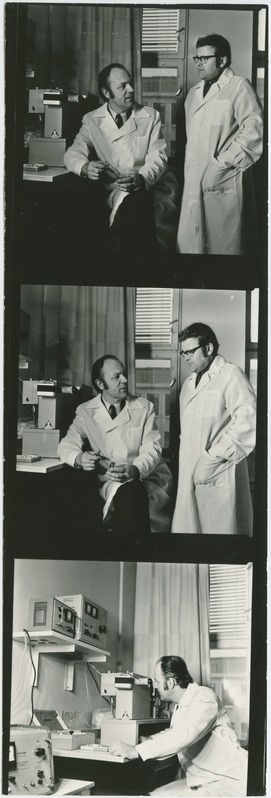 TPI anorgaanilise keemia kateedri prof. Mihkel Veiderma ja tehnikateaduste kandidaat Meeme Põldme tööprobleeme arutamas, 5.veebr. 1976