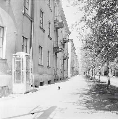 Raudteelaste elamud Koidu tänaval Tallinnas, pildil ka telefoniputka, 1960. aastad  similar photo