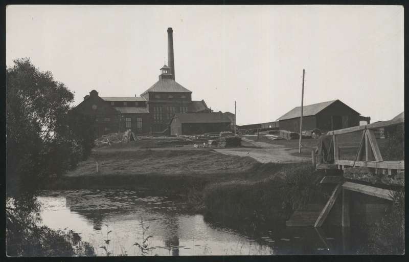 Postcard, Abja Linavabrik, remotely, on the front of the river