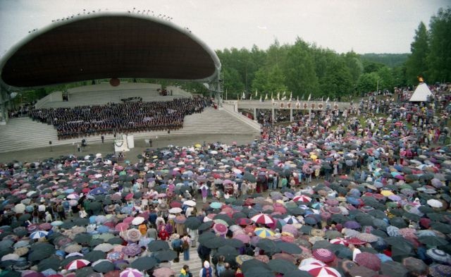 Photo-negative. Tartu Song Festival 1994.  View of the audience and singing room.