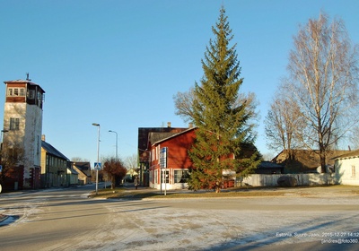 foto, Suure-Jaani khk, Suure-Jaani, Pärnu tänavat, talv, tuletõrjehoone vasakul, u 1970 rephoto