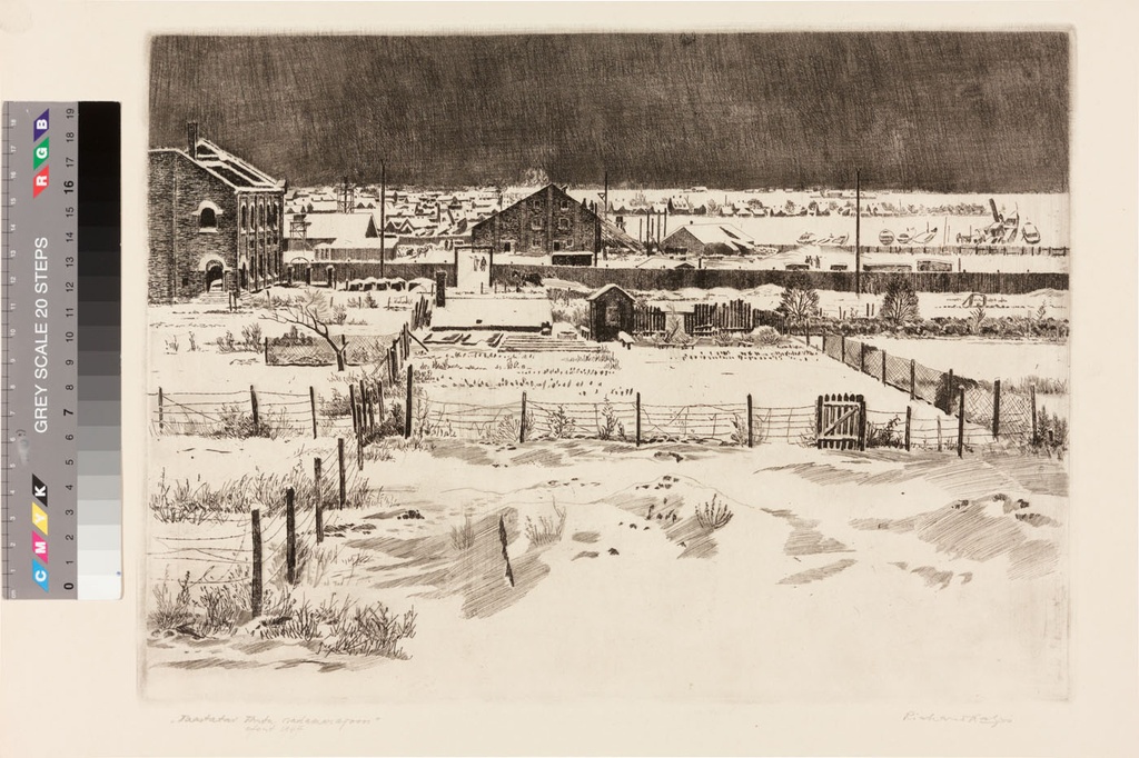 Kaljo, Richard. The suburb. Restored to the port district of Tartu. 1947. Ofort. Pl 25,5x35,2; Lm 41,5x47,7