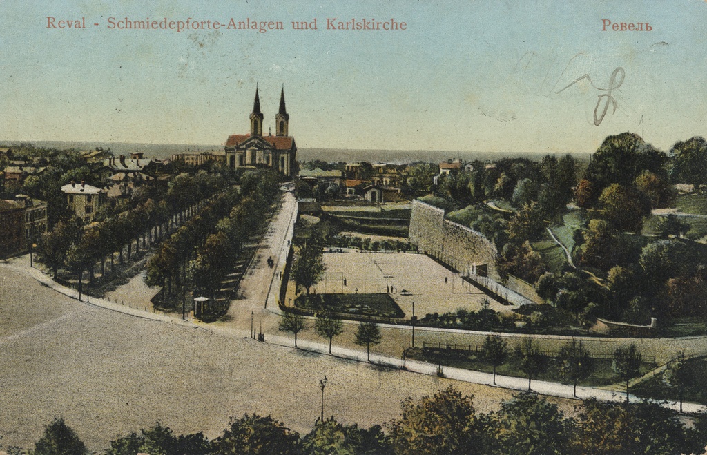 Reval : Schmiedepforte-Anlagen und Karlskirche = Revelъ = Tallinn : Kaarli Church and Harjuwärawa Mountain