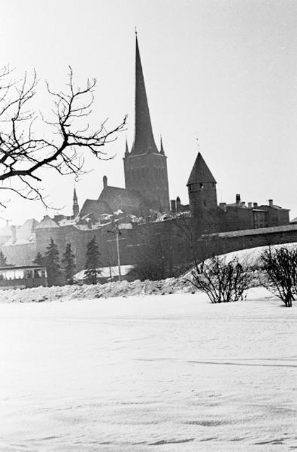 Winter Tallinn. The Old Town Towers and the Oleviste Church.