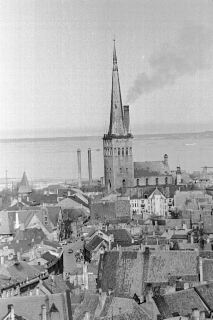 Old Tallinn. The roofs of the Old Town and the Church of Oleviste.