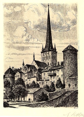 Olviste Church and old city towers (page from map "Tallinn-Eesti")  duplicate photo