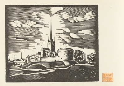 General view with Paksu Margaret Tower and the Oleviste Church. From the series "Original wood particle I of Vana Tallinn"  duplicate photo