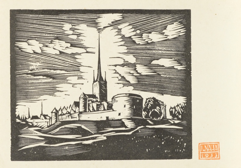 General view with Paksu Margaret Tower and the Oleviste Church. From the series "Original wood particle I of Vana Tallinn"