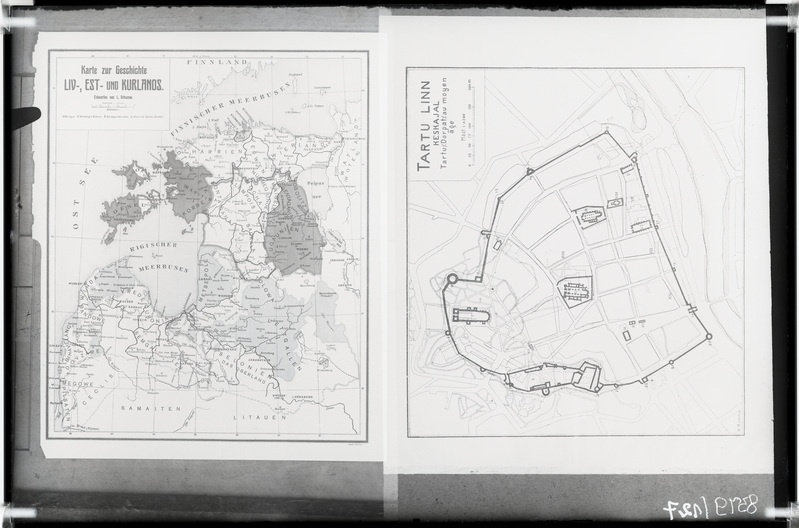 Reprofoto trükisest. A: Liivi-, Eesti- ja Kuramaa kaart (L. Arbusow).
B: Tartu linna plaan keskajal (rekonstruktsioon).