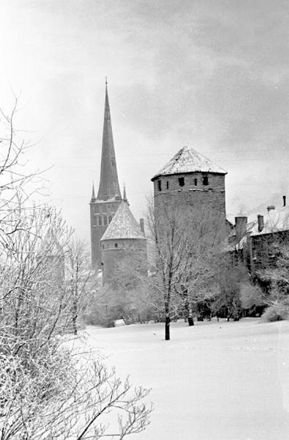 Winter Tallinn. The Old Town Towers and the Oleviste Church.