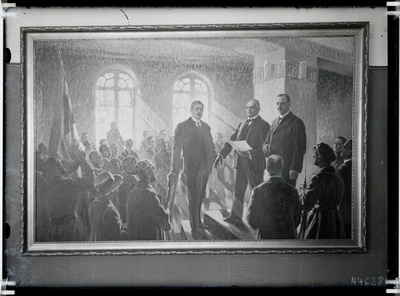 M. Maksolly maal "Eesti Vabariigi väljakuulutamine 24. II 1918". Tundmatu autori negatiiv 20 saj I poolest.  duplicate photo