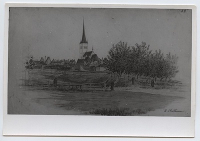 Photo reproduction C. Buddeus "Oleviste Tower" from the art collection of the Estonian History Museum.  duplicate photo