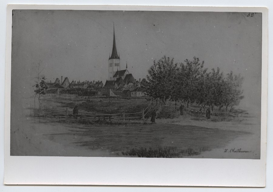 Photo reproduction C. Buddeus "Oleviste Tower" from the art collection of the Estonian History Museum.