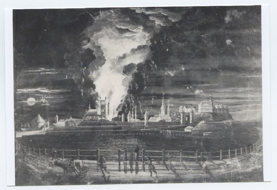 J.han, the burning of the Oleviste Church in 1820, view of Tallinn from the north.
