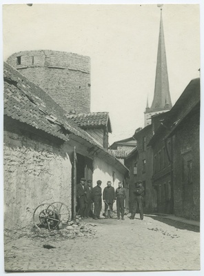 Tallinn, Laboratory Street, behind the fortress tower and the church tower.  duplicate photo