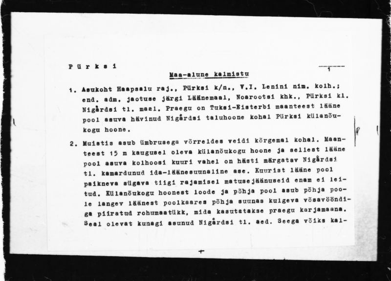 Negatiiv. Pürksi. Maa-alune kalmistu. 
Ü.p. 1976.