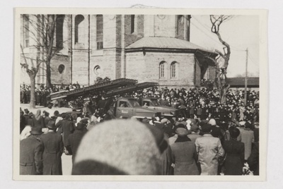 Crowd gathering in Tallinn at the church of Kaarli  duplicate photo