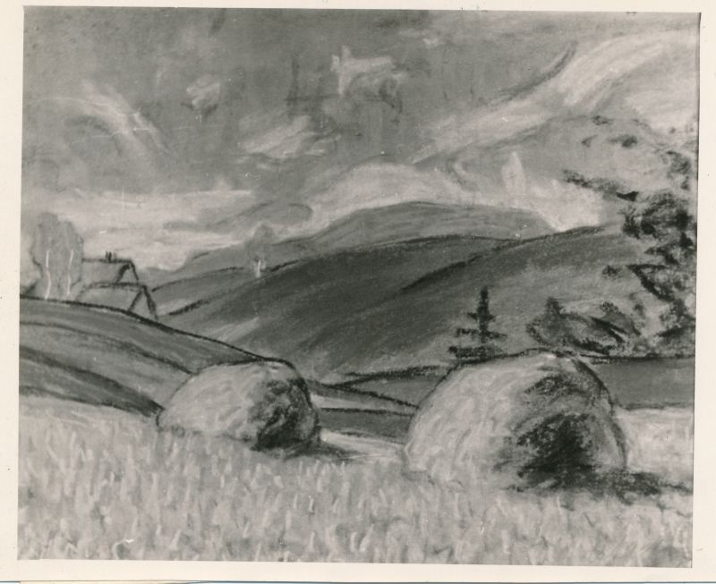 Foto. Ants Laikmaa majamuuseumi väljapanekust, 1961. Maal "Maastik viljapõldudega" ateljees.