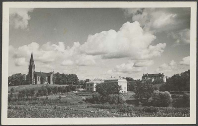 Postcard, Viljandi, Valuoja org, School, Pauluse church, Bank building  duplicate photo
