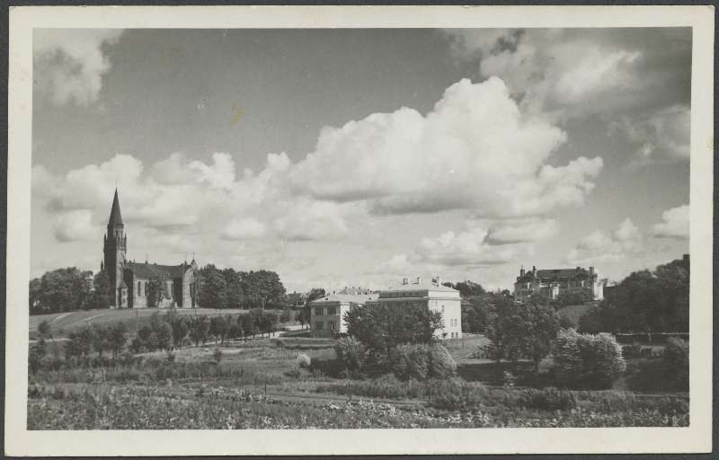 Postcard, Viljandi, Valuoja org, School, Pauluse church, Bank building