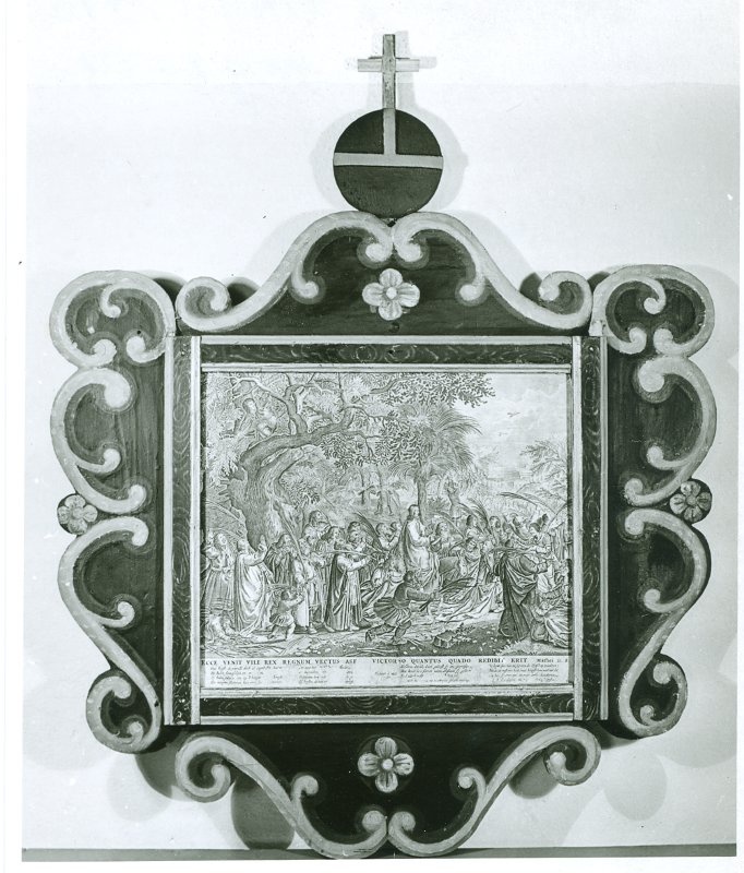 Foto. Piirsalu kirik. III epitaaf-gravüür "Ecce venit vili Rex...", Frederick de Widt, 17.sajand, vaselõige, klaasitud, raam polükroomne puuvool.