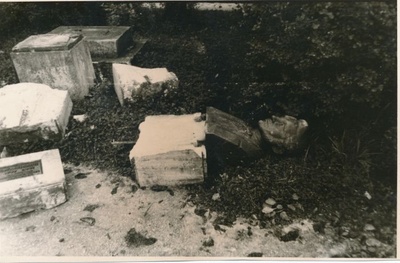 Foto. Huligaanide poolt lõhutud C. A. Hunniuse mälestussammas Haapsalus. Sügis 1966.  similar photo