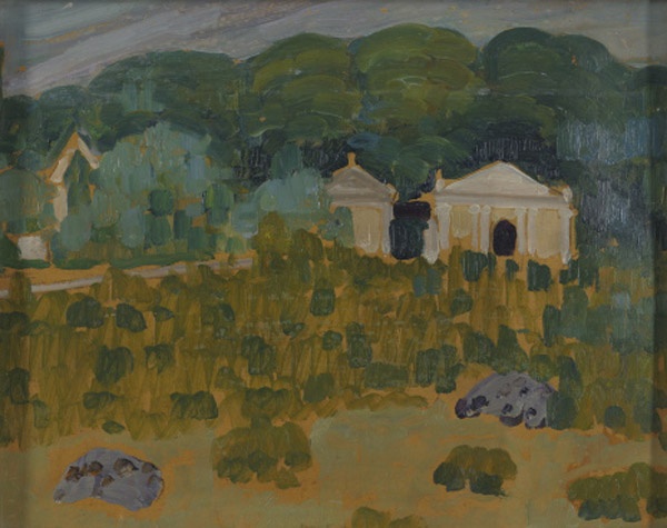 Landscape with white building (Cables on Kuressaare cemetery)