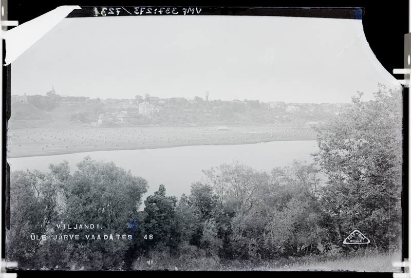 fotonegatiiv, vaade järve vastaskaldalt Viljandi linnale: Lossimäed, veetorn, Pikk tn, Trepimägi, heinarõugud järve ääres.