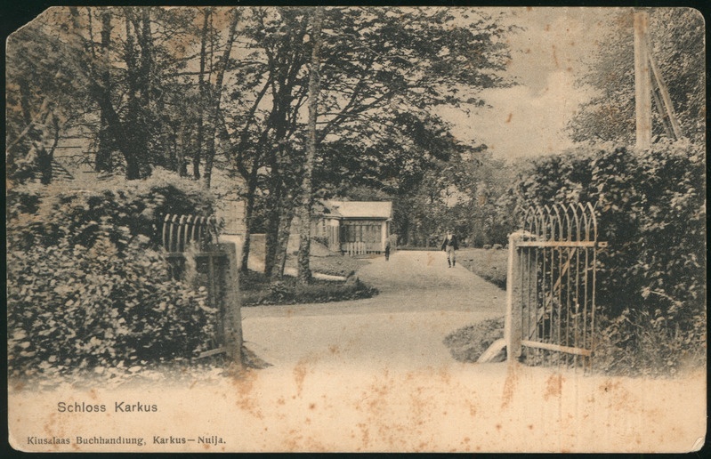 fotopostkaart, Karksi khk, Karksi mõisahoone, värav, loss, u 1905, trükk Kiusalaas (Karksi-Nuia)