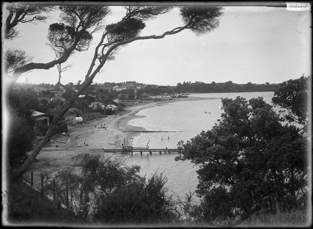 Sulphur Beach, Northcote, Auckland. View along the beach settlement
