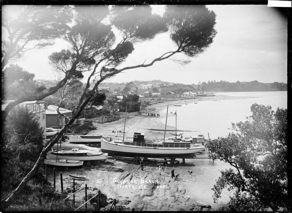 Boatshed and slipway at Sulphur Beach, Northcote, Auckland