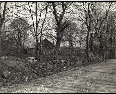 Tallinn. Mäe tn Narva mnt 103. Vaade puude vahelt lagunenud ühekorruselisele majale  duplicate photo