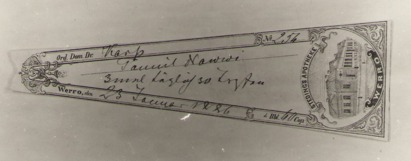 Negatiiv. Ravimi signatuur STEDINGS APOTHEKE WERRO, Nr 257, 1886.