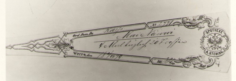 Negatiiv. Ravimi signatuur A. STEDINGS APOTHEKE WERRO, nr 2771, 1879.