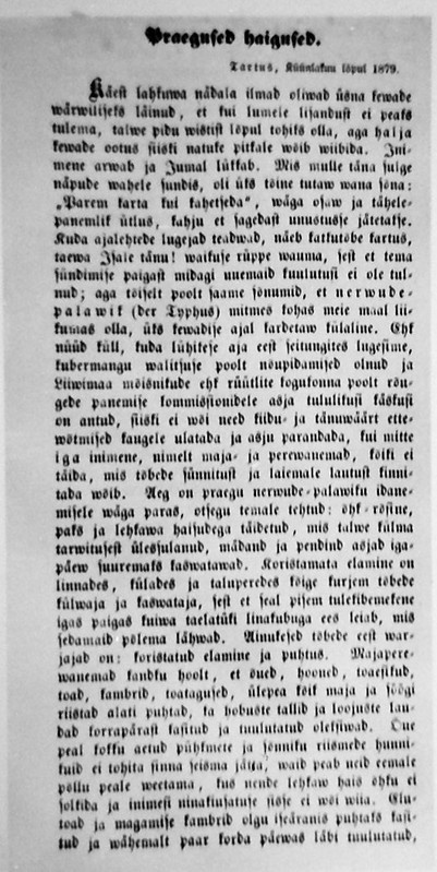 Negatiiv. Kreutzwaldi artikkel PRAEGUSED HAIGUSED, Sakalas 10.03.1879.