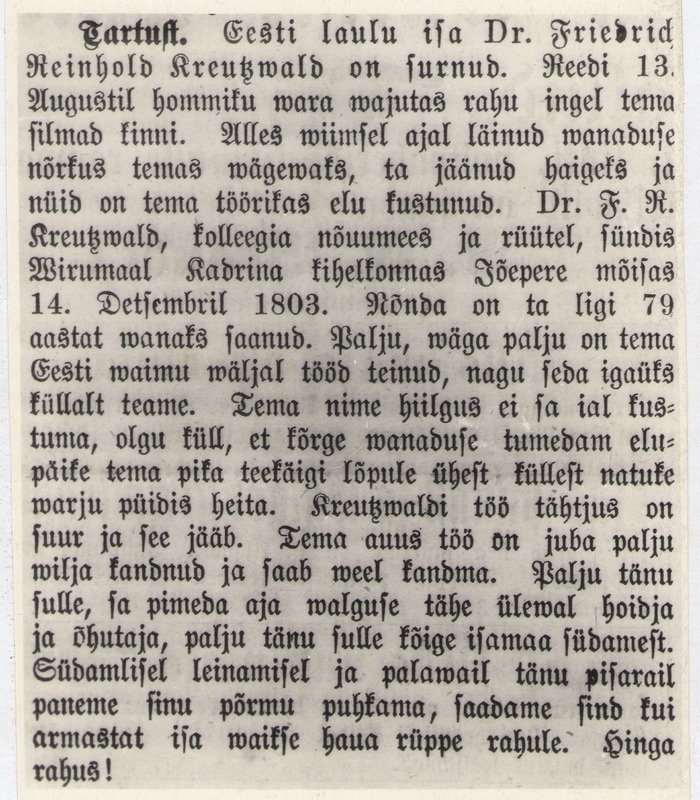 Foto. Artikkel TARTUST. EESTI LAULU ISA Dr. FRIEDRICH REINHOLD KREUTZWALD ON SURNUD (Wirulane nr 32, 1882).