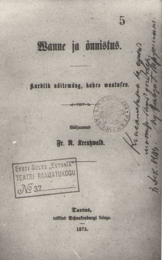 Foto. Fr. R. Kreutzwaldi näidendi WANNE JA ÕNNISTUS, tiitelleht.