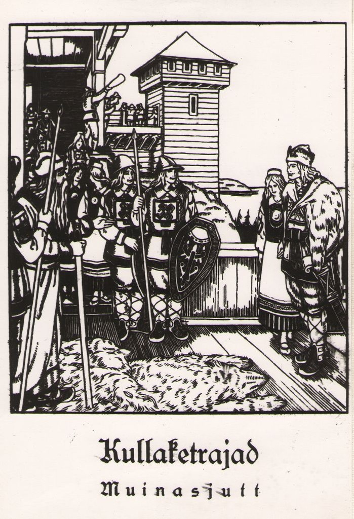 Foto. A. Roosilehe kaanekujundus Fr. R. Kreutzwaldi muinasjutule KULLAKETRAJAD, (1920).