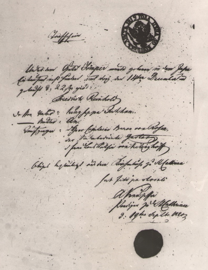 Foto. Fr. R. Kreutzwaldi sünnitunnistus (saksa keeles).