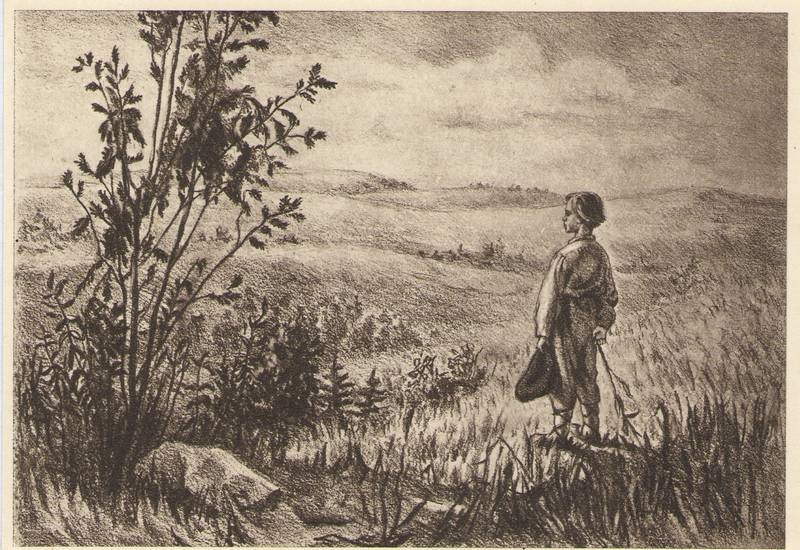 Postkaart.  Noor Kreutzwald Kalevipoja künnivagusid vaatamas (Helgi Hirve ofort).