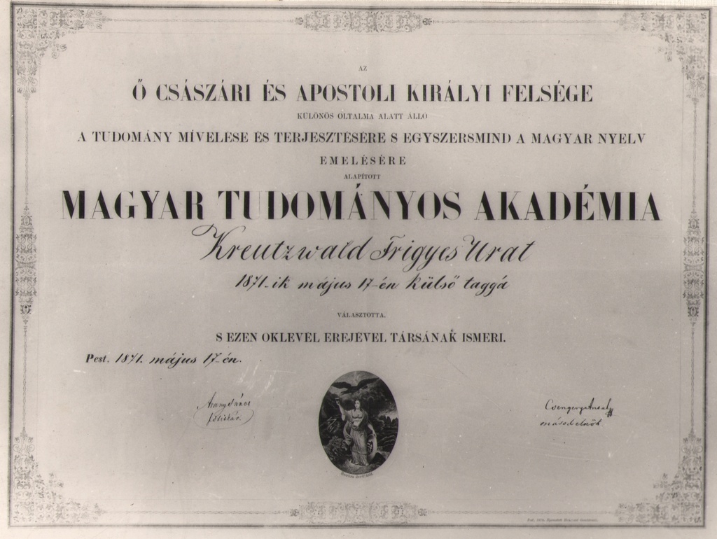 Foto. Ungari Teaduste Akadeemia auliikme diplom Fr. R. Kreutzwaldile, 1871.