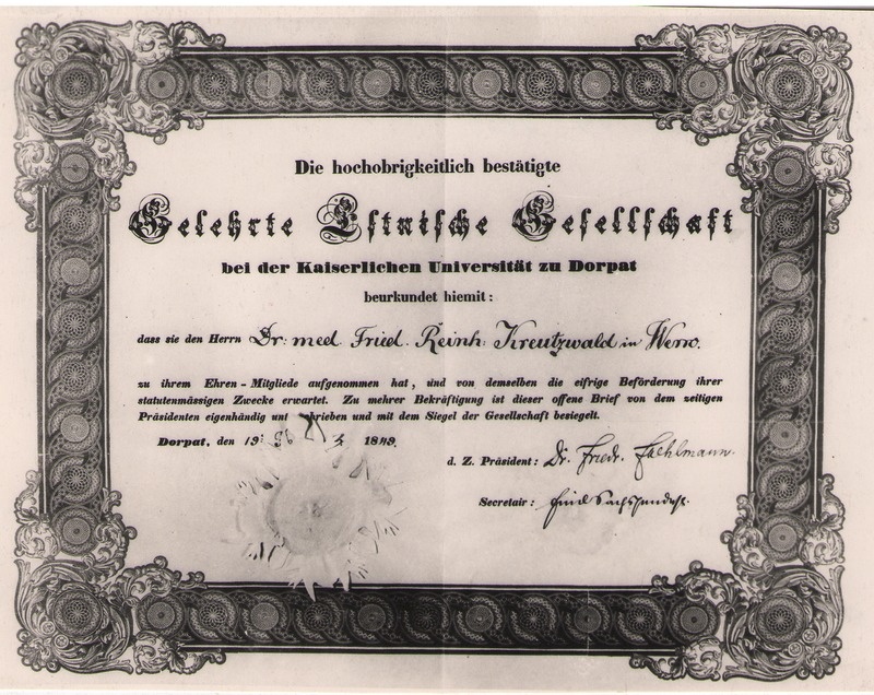 Foto. Fr. R. Kreutzwaldi tunnistus ÕES-i auliikmeks nimetamise kohta, 19.01.1849.